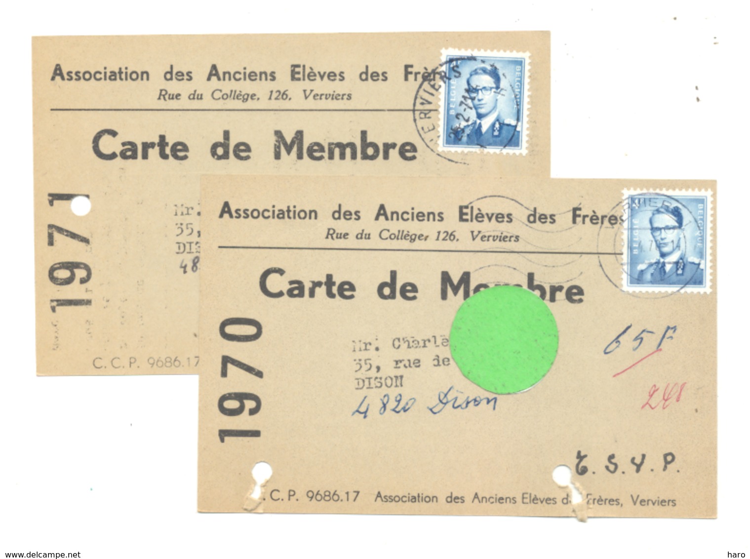 2 Cartes De Membre - Association Des Anciens Elèves Des Frères De Verviers  - Ecole St-Michel 1970 Et 71 (van 2) - Ecoles