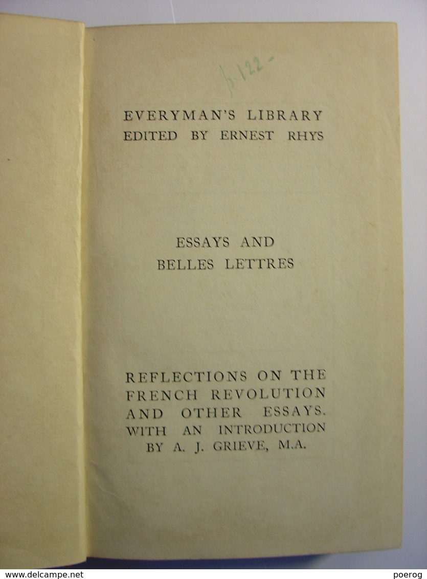REFLECTIONS ON THE FRENCH REVOLUTION AND OTHER ESSAYS - EDMUND BURKE - EVERYMAN'S LIBRARY - 1912 - Livre En Anglais - 1900-1949