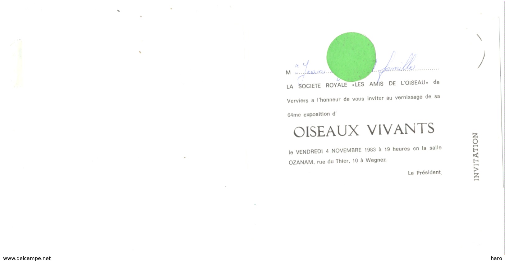 Carte D'invitation Pour Une Exposition D' Oiseaux Vivants - Salle OZANAM à WEGNEZ En 1983 (van 2) - Programmes