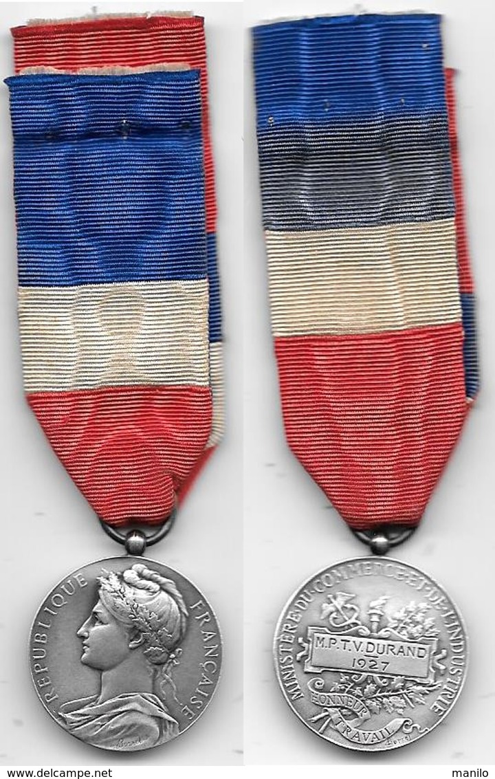 Médaille Du TRAVAIL - ARGENT 1927 Par Alfred BORREL HONNEUR & TRAVAIL - Ministère  Commerce Et Industrie -REPUBLIQUE FR - France