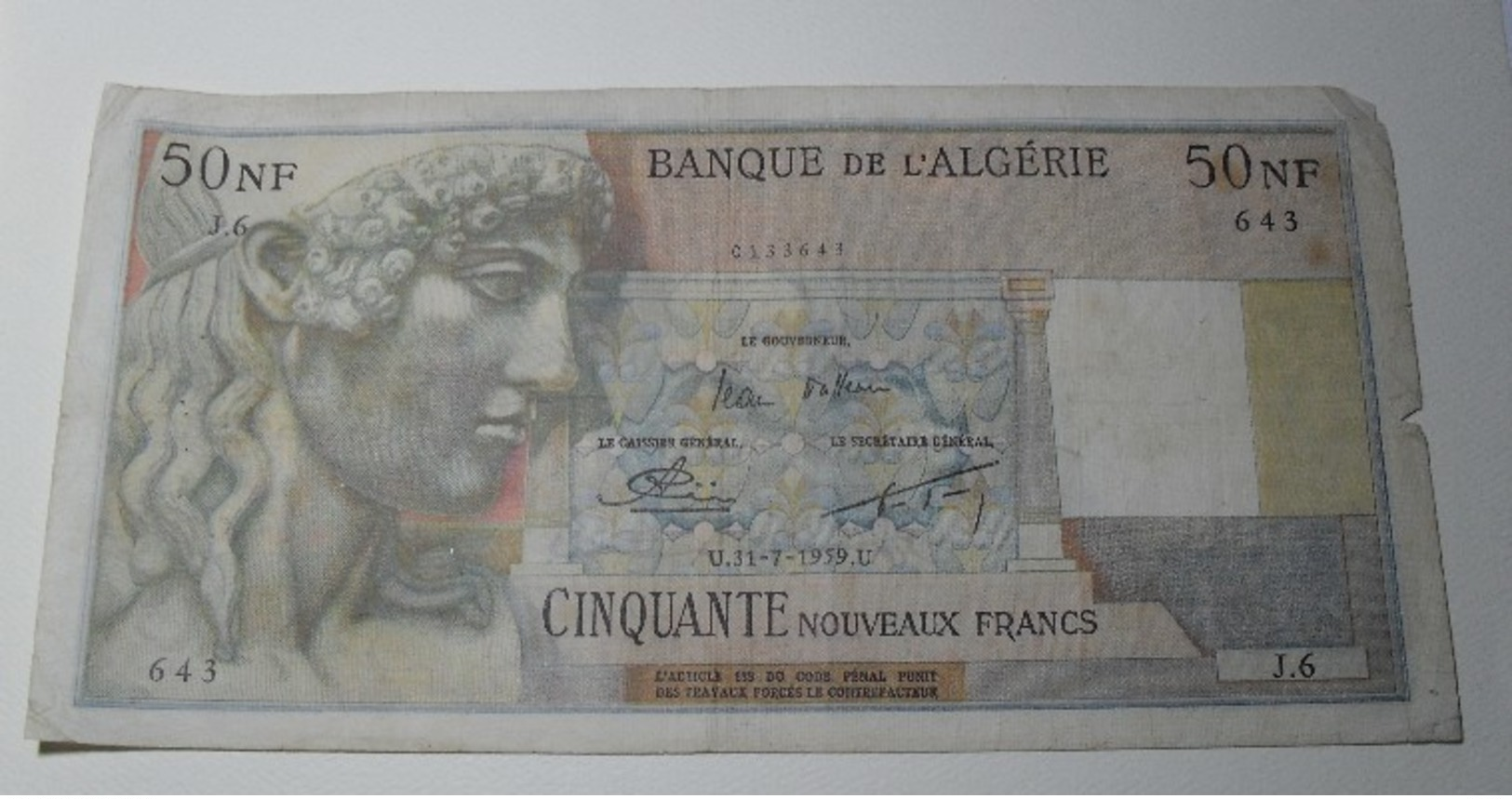 1959 - Algérie - Algeria - 50 NOUVEAUX FRANCS, U.31-7-1959.U J.6  0133643 - Algeria