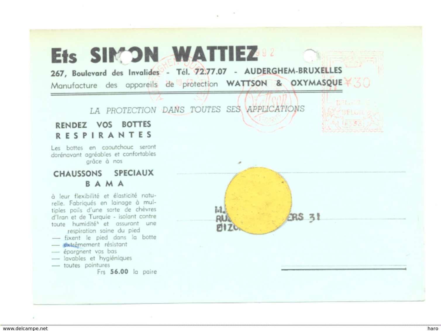 Carte Pré Imprimée Ets SIMON WATTIEZ , Manufacture Des Appareils De Protection à AUDERGHEM En 1957 (van 2) - Marchands