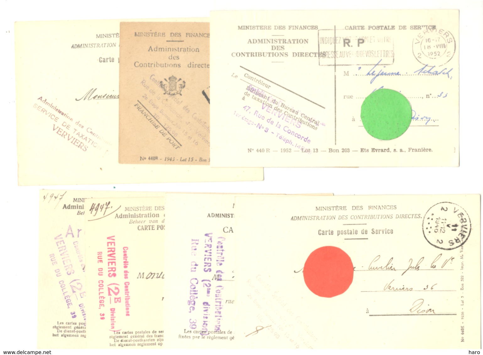 7 Cartes Pré Imprimées - Administration Contributions De VERVIERS - Différents Cachets - Marcophilie 1929 à 52 (van 2) - Autres & Non Classés