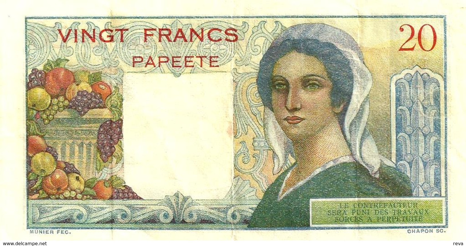 FRENCH POLYNESIA 20 FRANCS GREY MAN HEAD FRONT WOMAN BACK NOT DATED(1951) P21a 1ST SIG VARIETY F READ DESCRIPTION!! - Papeete (Polynésie Française 1914-1985)