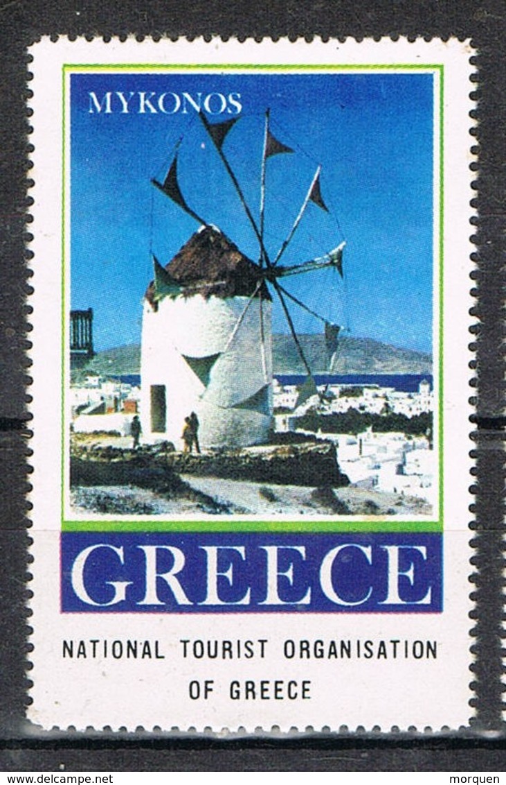 Viñeta, Label , Vignette GRECIA, Grece, Griechenland. Tourism, Turismo, MYKONOS ** - Plaatfouten En Curiosa