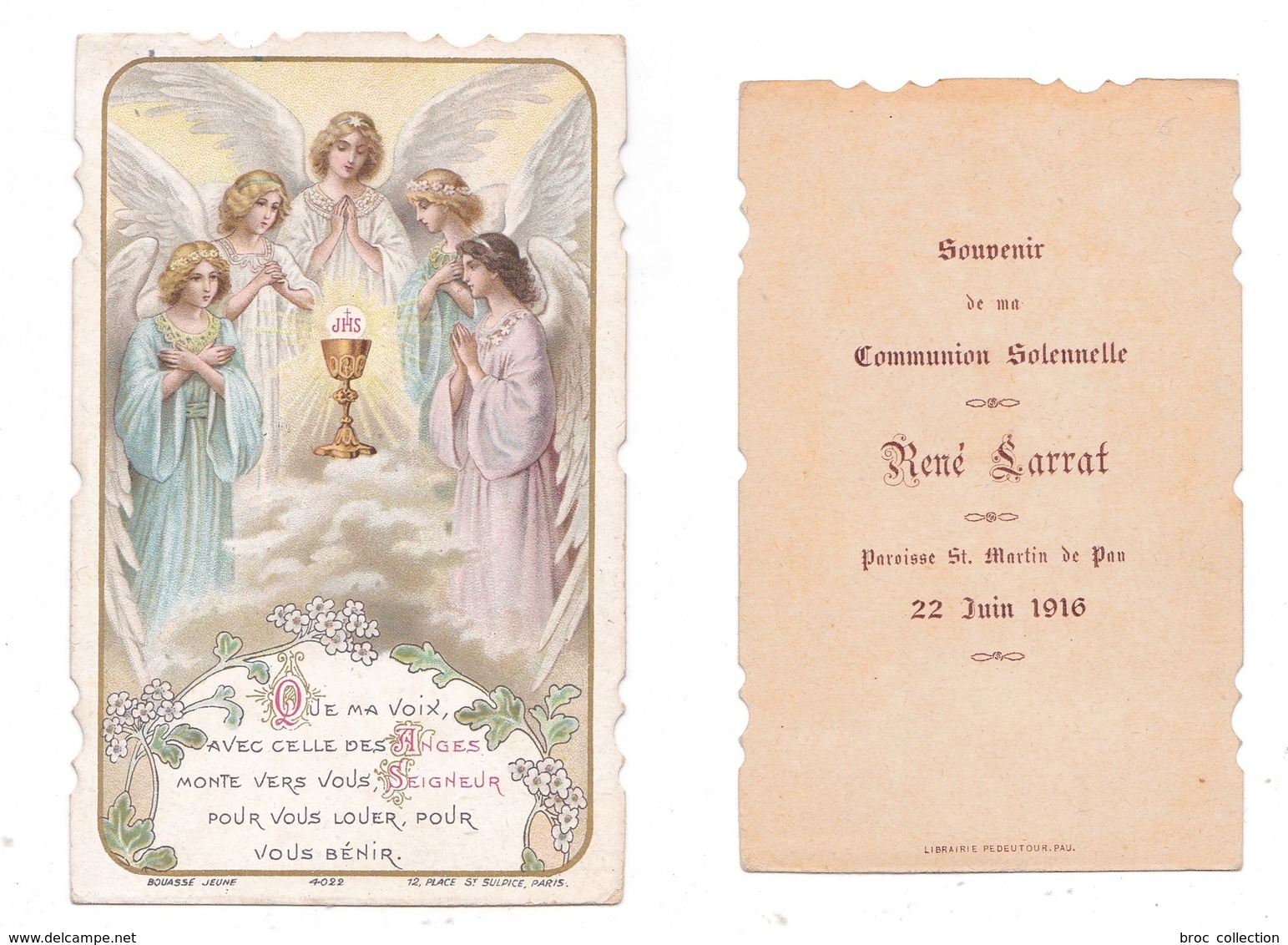 Pau, Communion Solennelle De René Larrat, 1916, Paroise Saint Martin, Anges, Bouasse Jeune N° 4022 - Images Religieuses