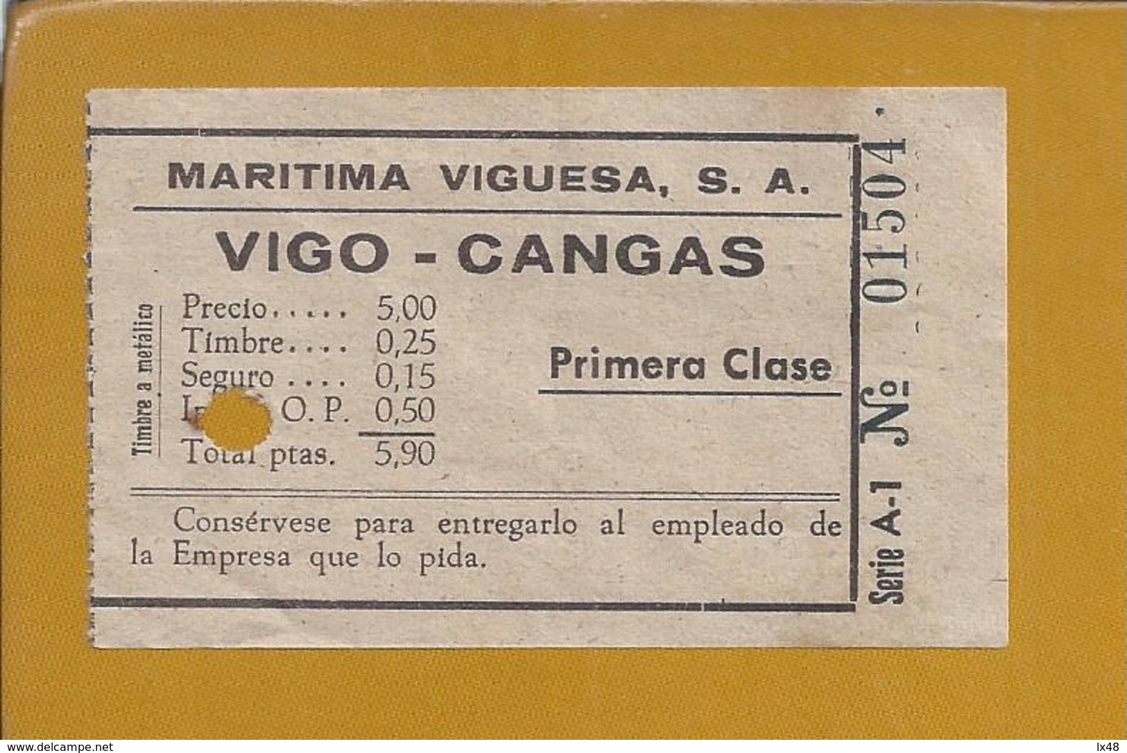 Boat Ticket From 'Maritima Viguesa SA' From Vigo To Cangas, Spain.Schiffsticket Von 'Maritima Viguesa SA' Von Vigo. - Europa