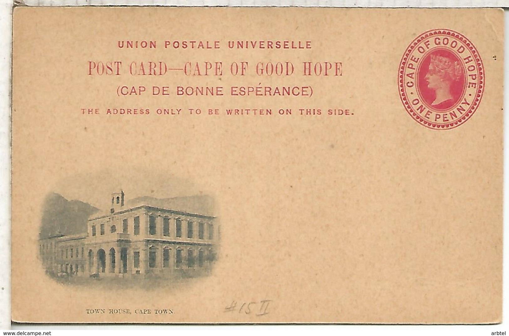 CAPE OF GOOD HOPE ENTERO POSTAL TOWN HOUSE CAPETOWN - Cabo De Buena Esperanza (1853-1904)