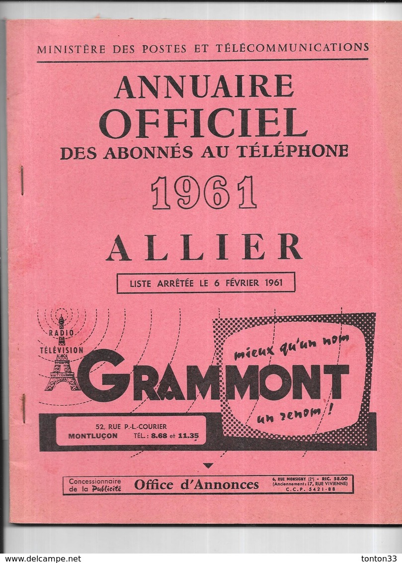 DEPT 03 - ANNUAIRE Officiel Des Abonnés Au Téléphone  Année 1961  - - Telephone Directories