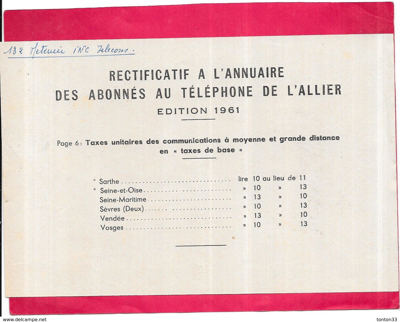DEPT 03 - ANNUAIRE Officiel Des Abonnés Au Téléphone  Année 1961  - - Annuaires Téléphoniques
