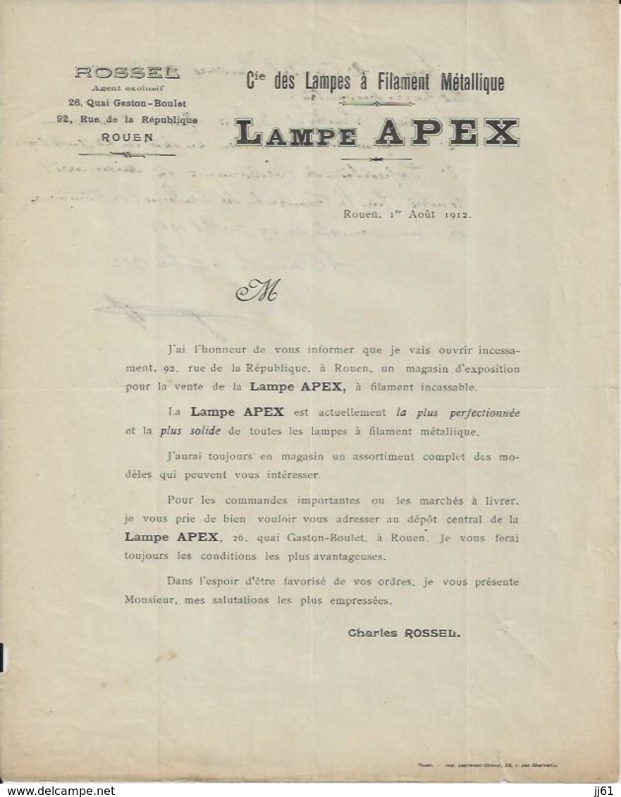 ROUEN ROSSEL LAMPES A FILAMENT METALLIQUE LAMPE APEX ANNEE 1912 - Autres & Non Classés