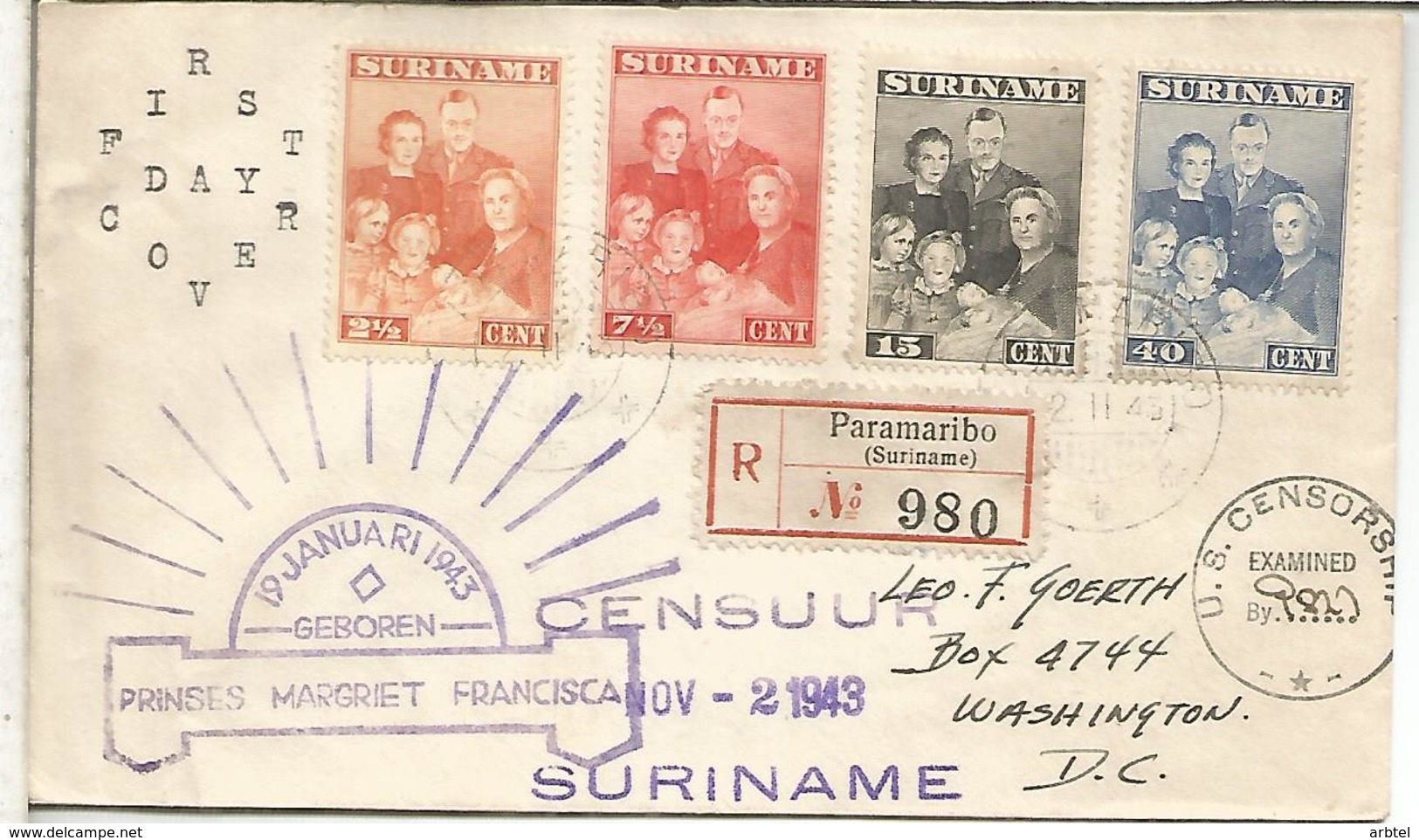 SURINAM PARAMARIBO 1943 PRINSES MARGRIET CERTIFICADA A USA CON DOBLE CENSURA - Suriname ... - 1975