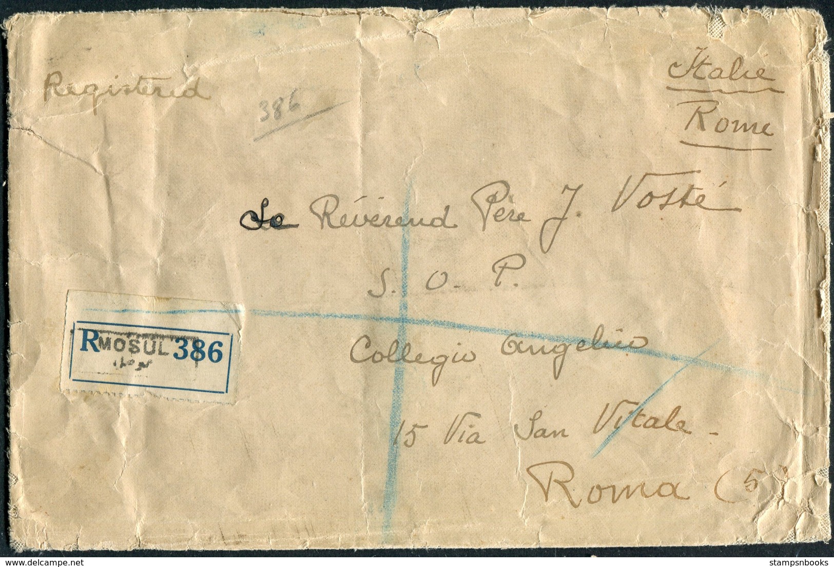 1929 Iraq Registered Mosul Cover - Collegio Angelico, Via San Vitale, Rome, Italy. Via London - Iraq