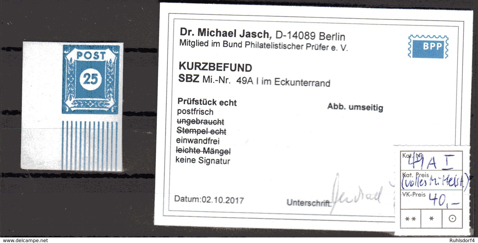 SBZ, Ostsachsen, Mi.-Nr. 49 A I, Postfrisch, KB. Dr. JaschBPP. - Sonstige & Ohne Zuordnung