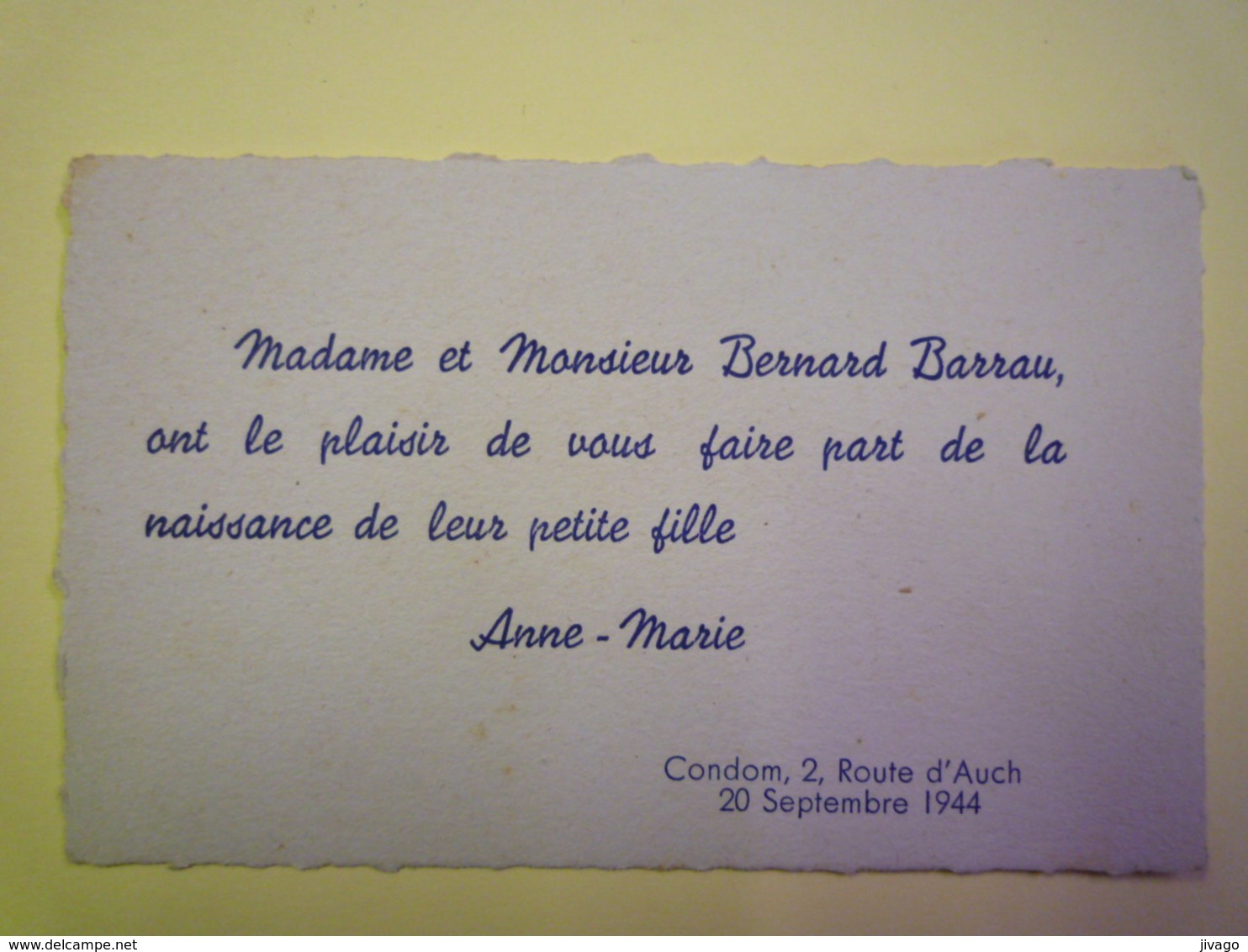 2019 - 1494  CONDOM  (Gers)  :  FAIRE-PART De Naissance De Anne-Marie  BARRAU  20 SEPT 1944   - Geburt & Taufe