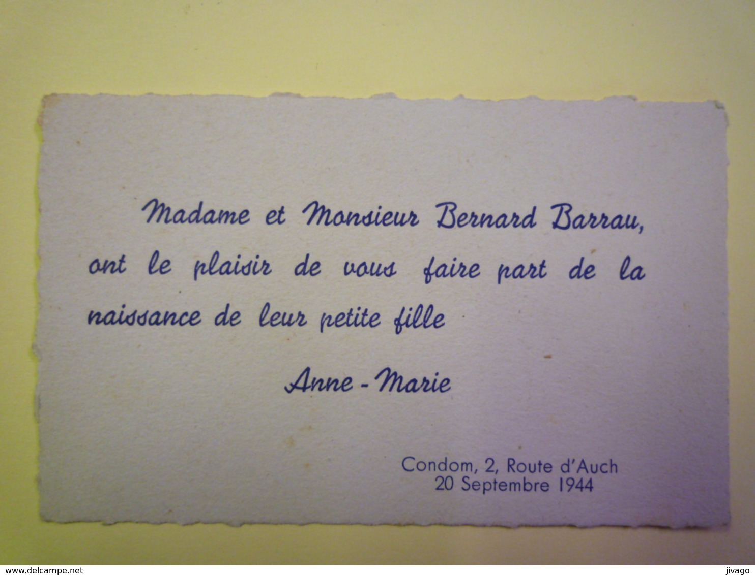2019 - 1494  CONDOM  (Gers)  :  FAIRE-PART De Naissance De Anne-Marie  BARRAU  20 SEPT 1944   - Geboorte & Doop