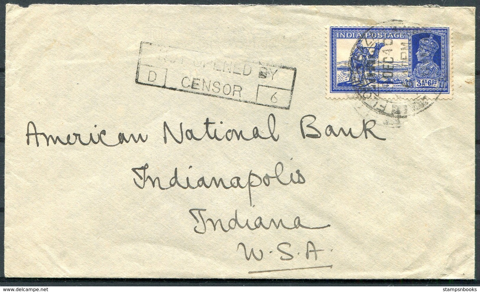 India "The Eastern Bank Ltd, Madras" Censor Cover - American National Bank, Indianapolis, USA - 1936-47 King George VI