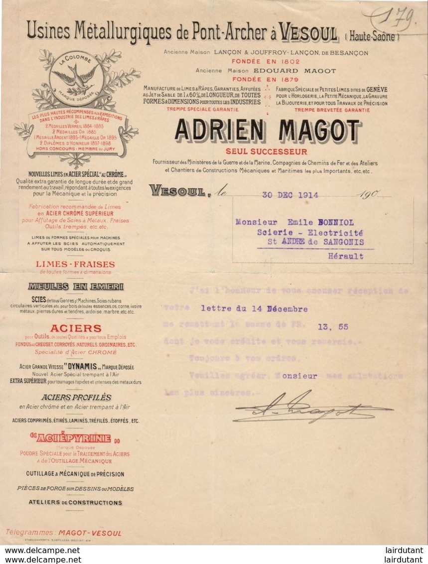 USINES METALLURGIQUES DE PONT ARCHER A VESOUL ANDRIEN MAGOT ............. FACTURE DE 1914 - Altri & Non Classificati