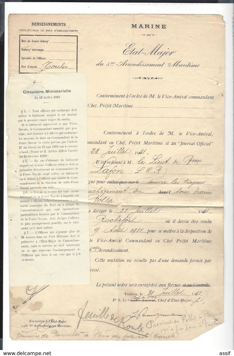 MARINE Nationale France  Livret Officier  Roger Lafon 1876 - 1944  Cdt Le Sous - Marin " Volta " , + Divers - Documents