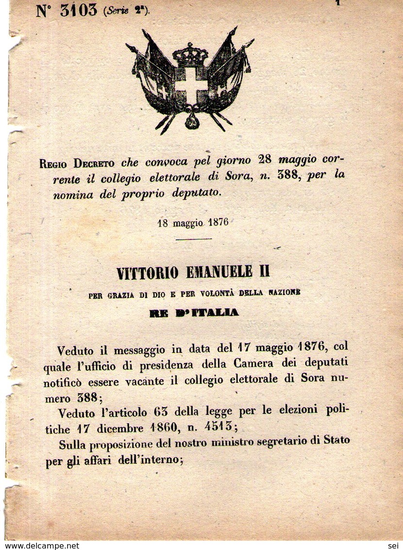 B 2527  -  Regio Decreto, Elezioni Sora, 1876 - Decreti & Leggi