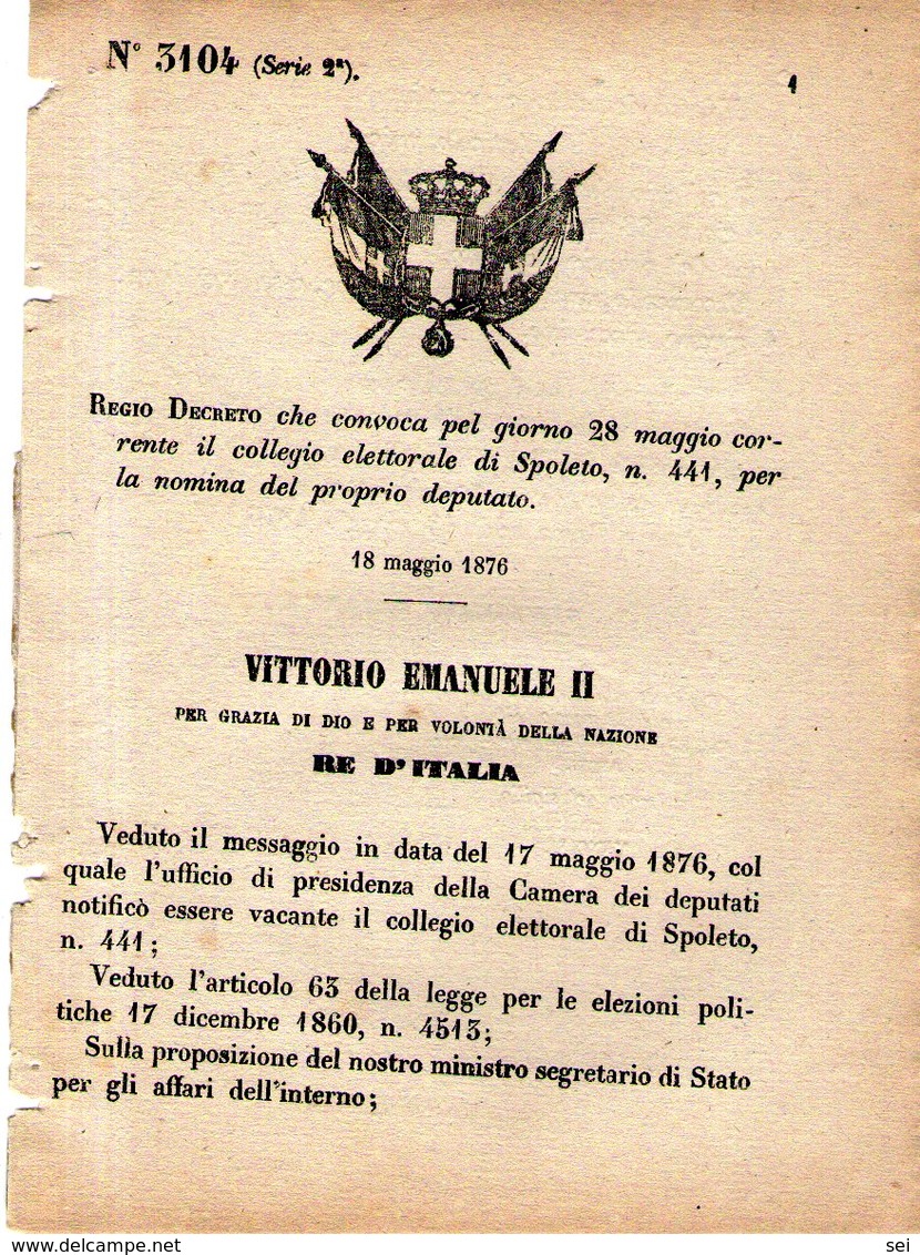 B 2528  -  Regio Decreto, Elezioni Spoleto, 1876 - Decreti & Leggi
