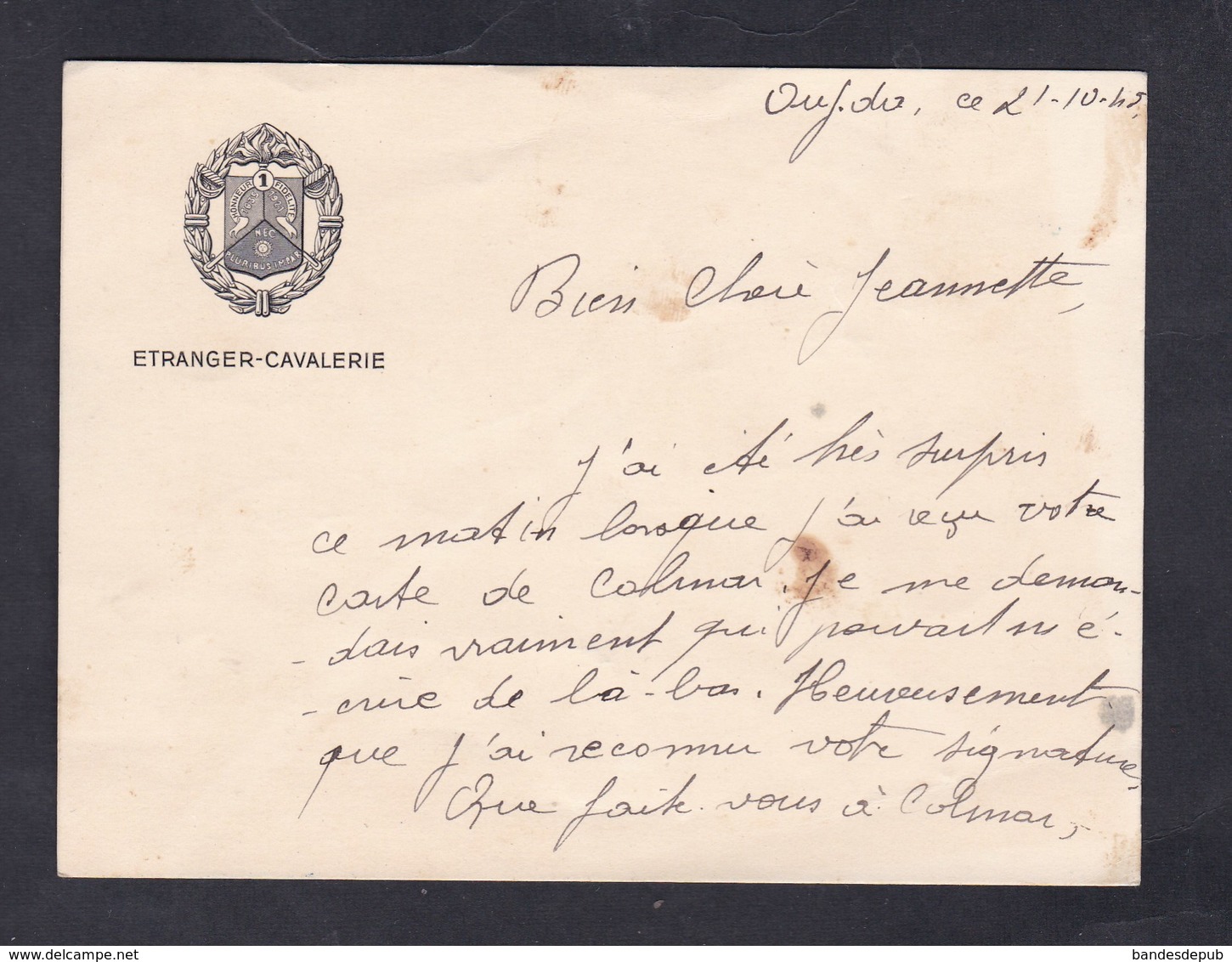 Après Guerre 39-45 Correspondance Legion Etrangere 1er Regiment Etranger De Cavalerie Oujda à Jeannette Lefebvre - 1939-45