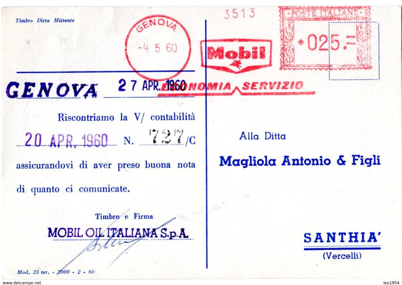 1960 MOBIL OIL -GENOVA METER STAMP EMA FREISTEMPEL AFFRANCATURA MECCANICA - Erdöl