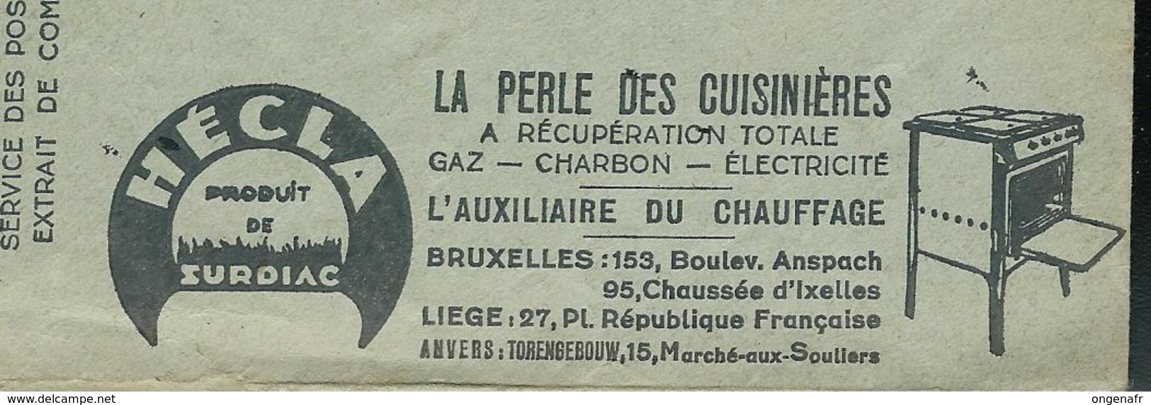 Belgique: Env. Des CCP - Pubs: La Perle Des Cuisinières HECLA) Obl. 1936 - Aspirateurs - Tabacs - Cafés - Papiers Peints - Electricity