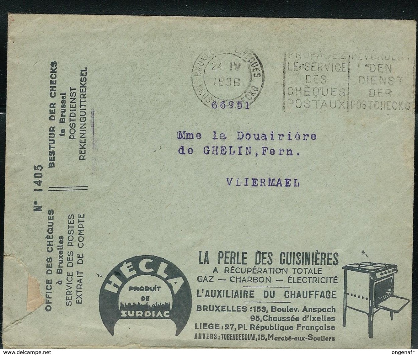 Belgique: Env. Des CCP - Pubs: La Perle Des Cuisinières HECLA) Obl. 1936 - Aspirateurs - Tabacs - Cafés - Papiers Peints - Electricity