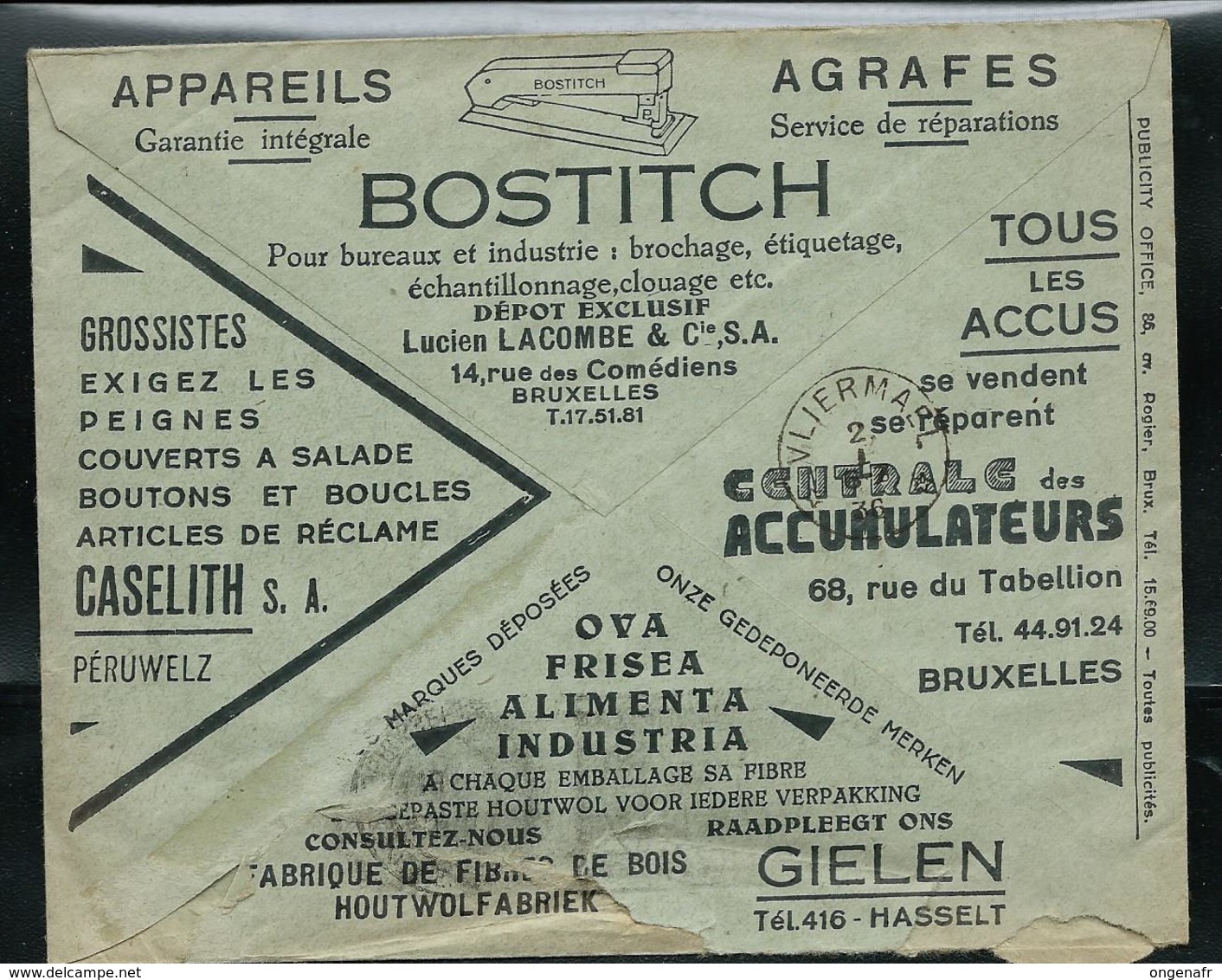 Belgique: Env. Des CCP - Pubs: Tous Les Accus Se Vendent; Se Réparent -  Agrafeuses -  Obl. 31/12/1935 - Electricité