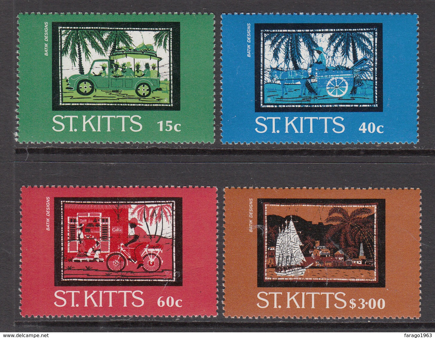 1985 St. Kitts Batik Art "1985 Issues" Bicycle Complete Set Of 4 MNH - St.Kitts E Nevis ( 1983-...)