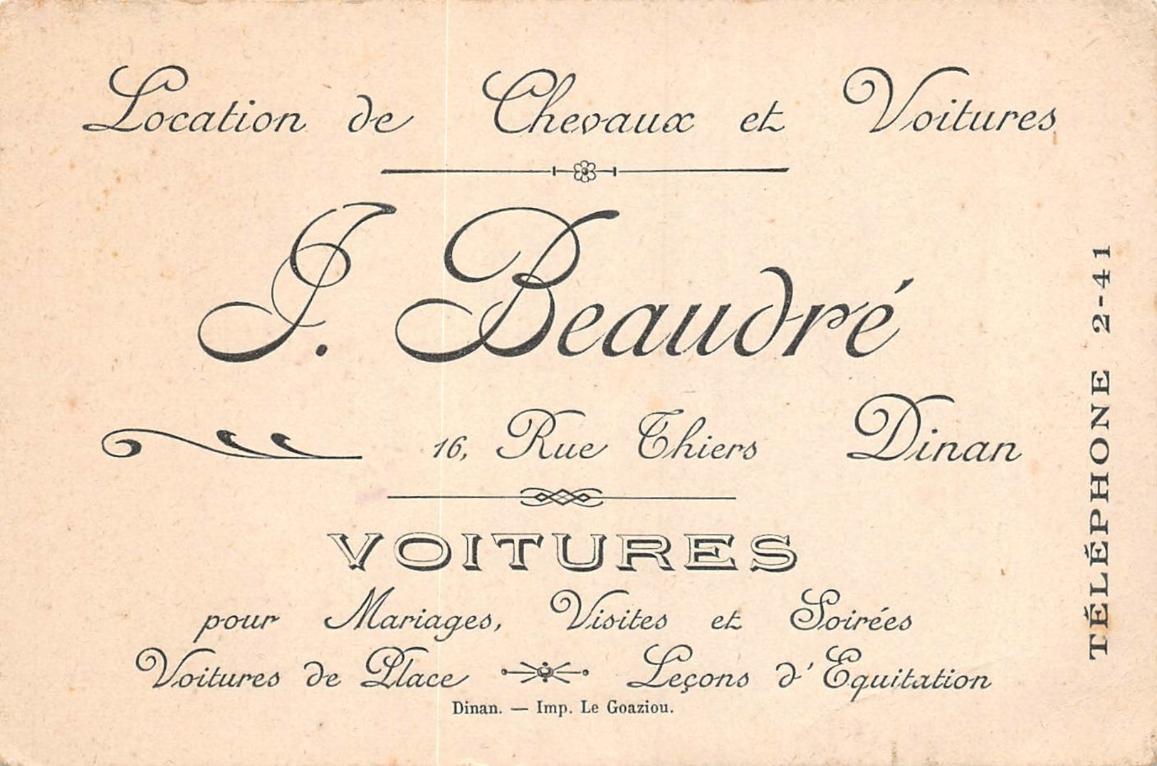 DINAN  - Carte De Visite Pub " F .Beaudré " Location De Chevaux Et Voitures - Dinan