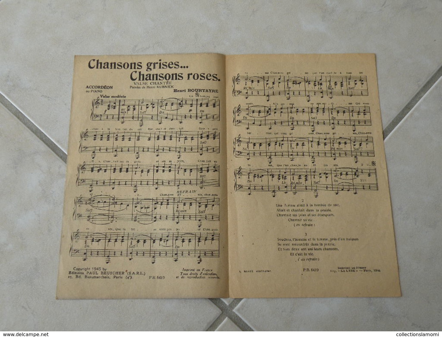 Chansons Grises Chanson Roses-(Paroles Henri Kubnick)-(Musique Henri Bourtayre)Partition 1945 - Chansonniers