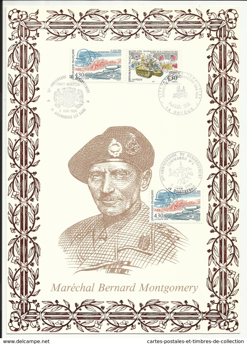 1er Jour Sur Soie , Maréchal Bernard MONTGOMERY , 06.06.1994 ,N° YT 2887 & 2888 , Exemplaire N° 365 Sur 1350 Exemplaires - 1990-1999