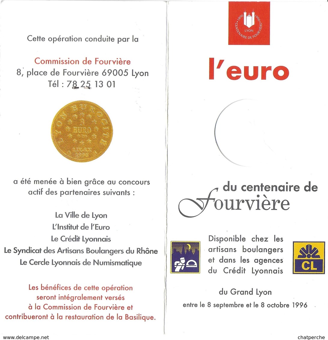 MÉDAILLE L'EURO DU CENTENAIRE DE FOURVIERE LYON RHONE 69 1996 PUBLICITÉ  ARTISANS BOULANGERS CRÉDIT LYONNAIS - Autres & Non Classés