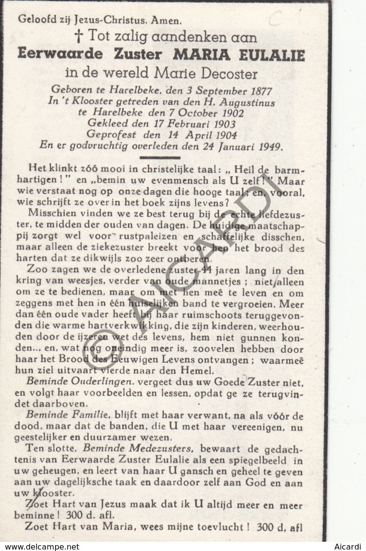 Doodsprentje Zuster/Soeur Maria-Eulalie / Marie Decoster °1877 Harelbeke †1949 (B217) - Obituary Notices