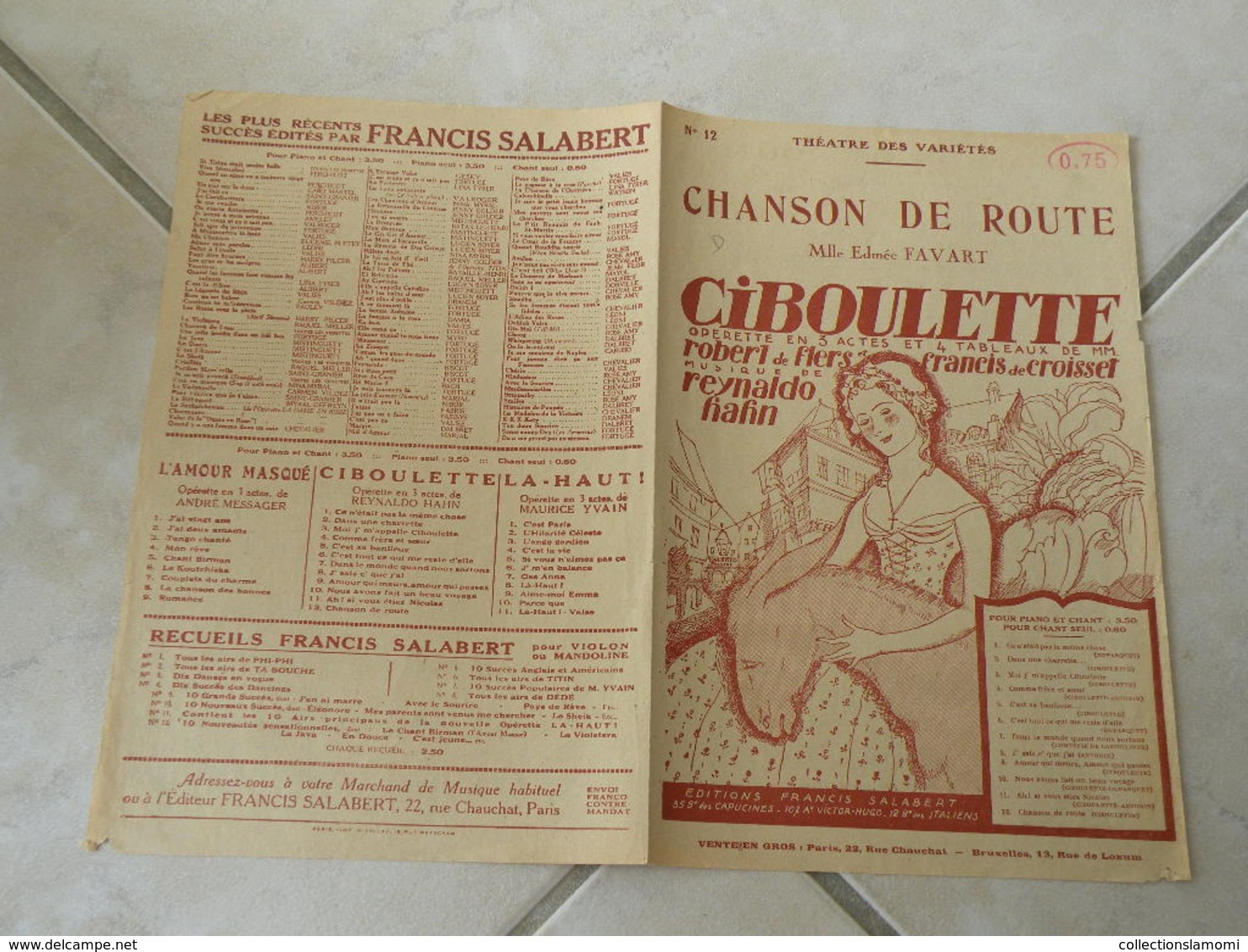 Chanson De Route (l'opérette Ciboulette)-(Paroles )-(Musique Reynaldo Hahn)Partition 1923 - Opern