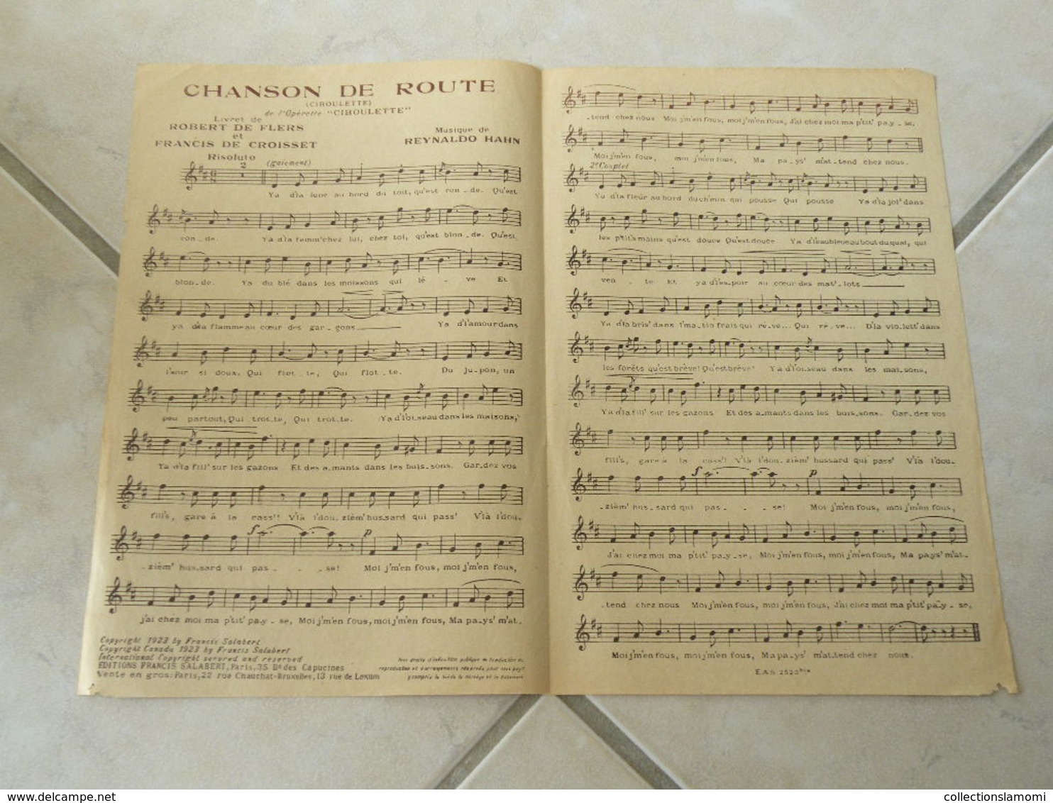 Chanson De Route (l'opérette Ciboulette)-(Paroles )-(Musique Reynaldo Hahn)Partition 1923 - Opéra