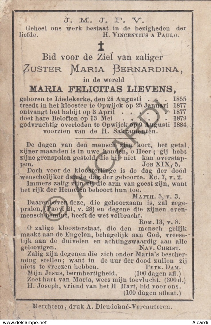 Doodsprentje Zuster/Soeur Maria Felicitas Lievens °1855 Liedekerke †1884 Opwijk (B211) - Esquela