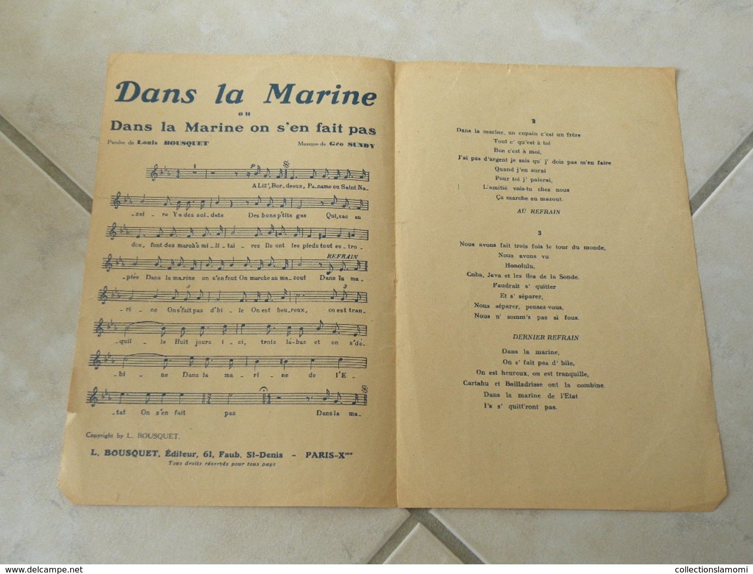 Dans La Marine (du Film En Bordée)-(Paroles Louis Bousquet)-(Musique Géo Sundy)Partition - Componisten Van Filmmuziek