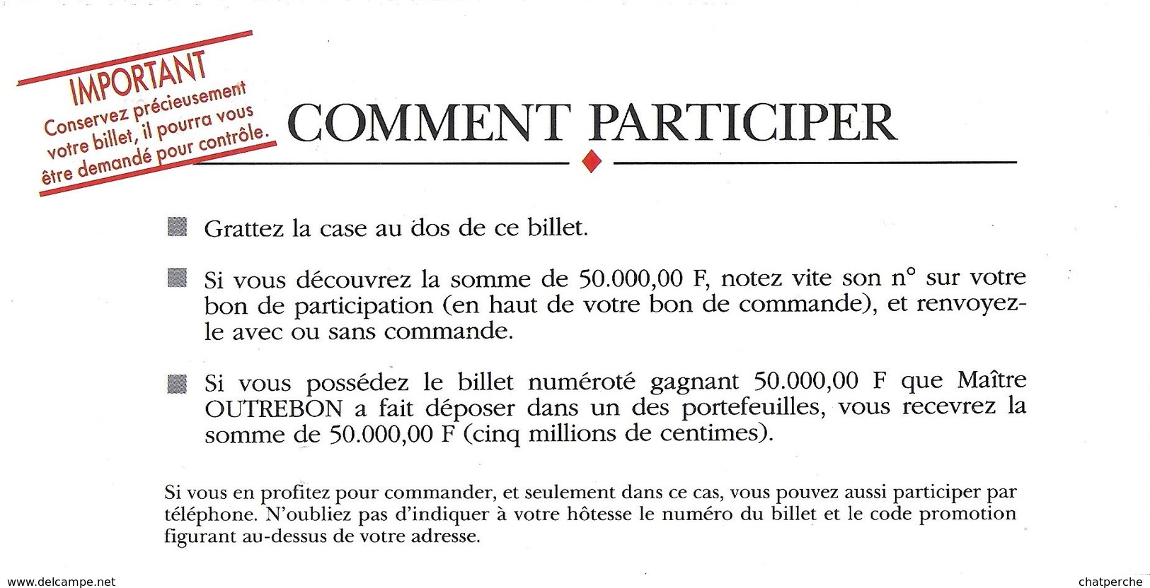 BILLET FAUX FICTIF  PUBLICITÉ JEU VPC CORRESPONDANCE  POUR COLLECTIONNEUR - Fictifs & Spécimens