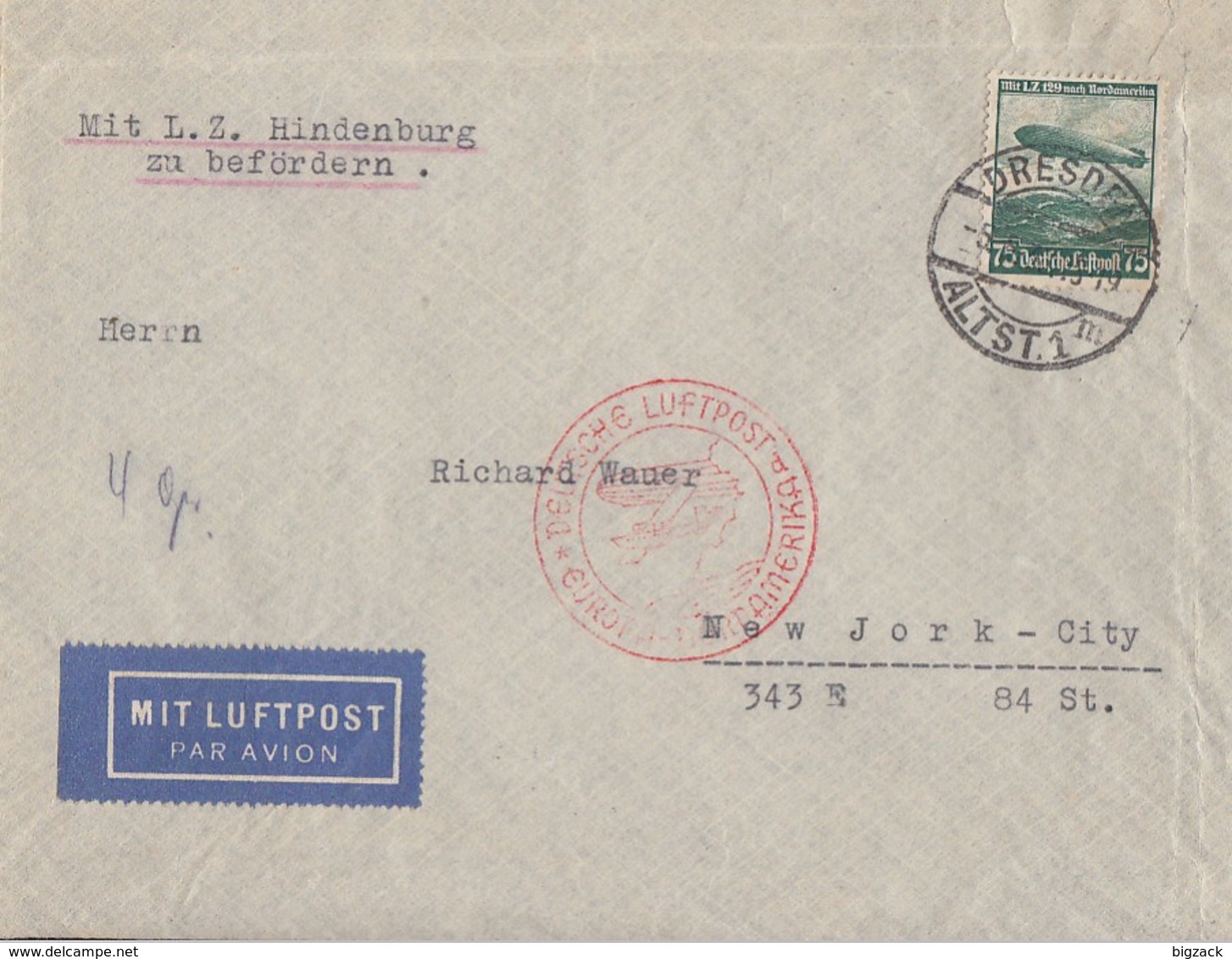 DR Luftpost-Brief EF Minr.607 Dresden 5.5.36 Mit L.Z. Hindenburg Zu Befördern Gel. Nach New York - Briefe U. Dokumente