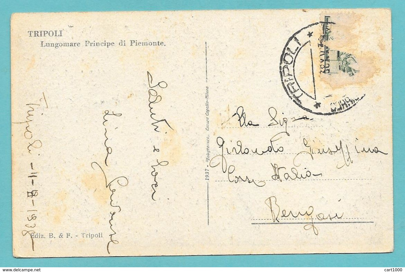 LIBIA LIBYA TRIPOLI LUNGOMARE PRINCIPE DI PIEMONTE VG. 1938 - Libye