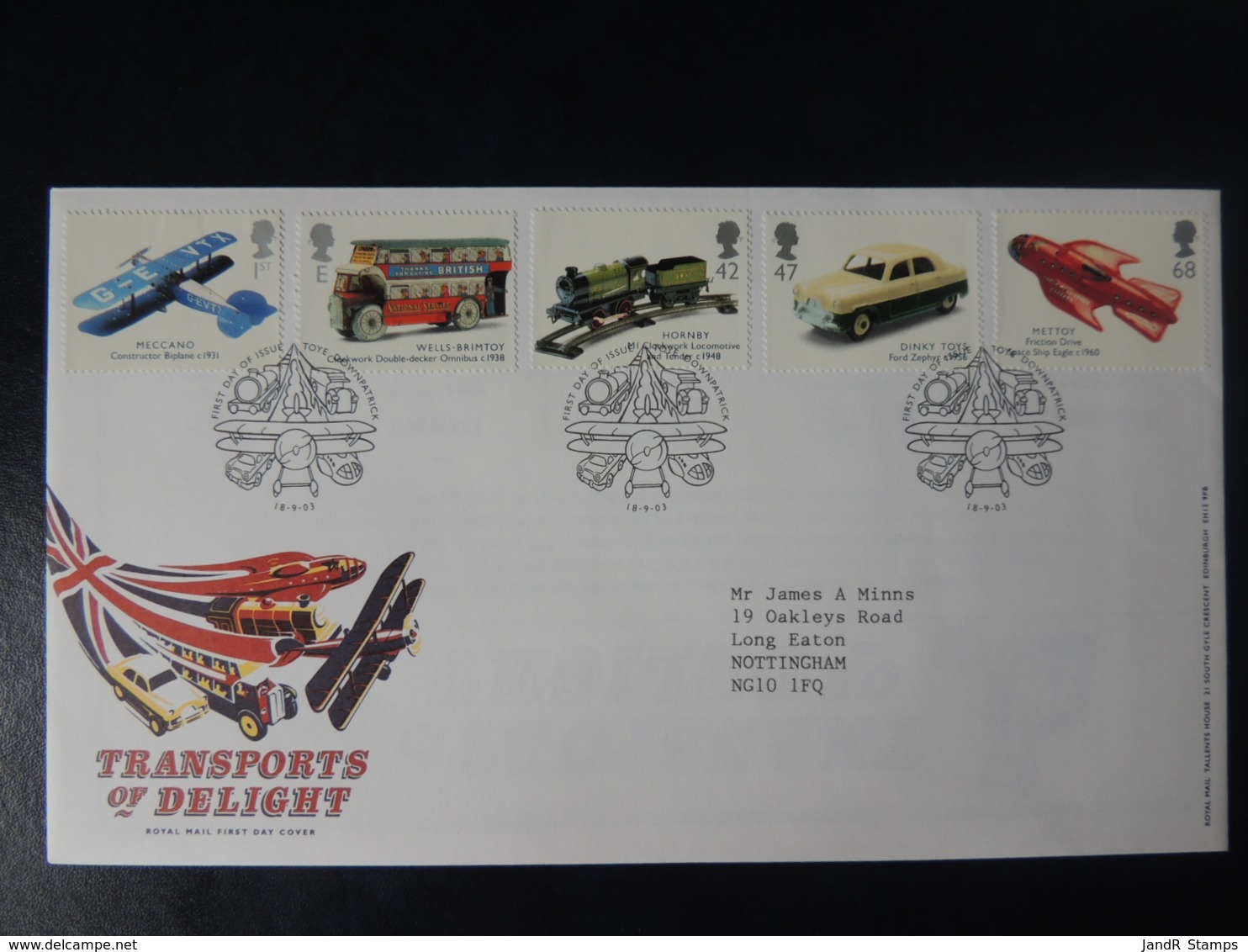 GB 2003 FDC - Transports Of Delight Toye Postmark Buses Airplanes Trains Cars Rocket Railways - 2001-2010 Decimal Issues