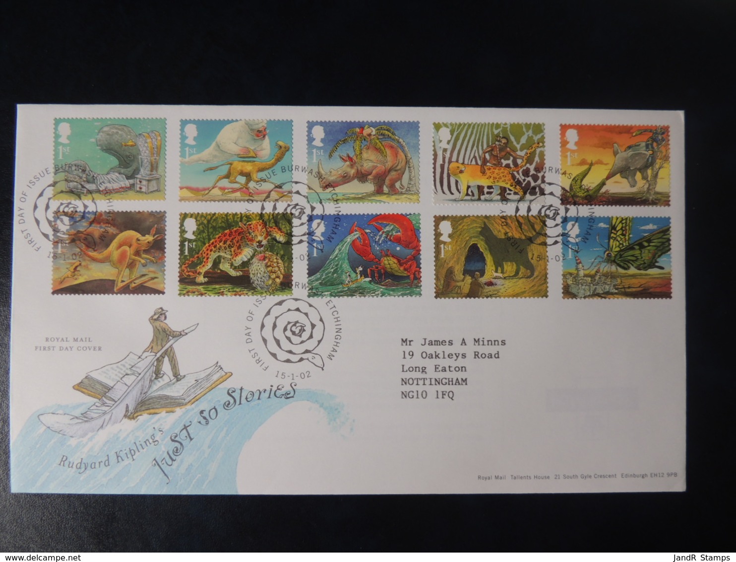 GB 2002 FDC - Just So Stories Burwash PM Children Lierature Animals Kangaroo Crab Whale Tiger Elephant Insect - 2001-2010 Decimal Issues