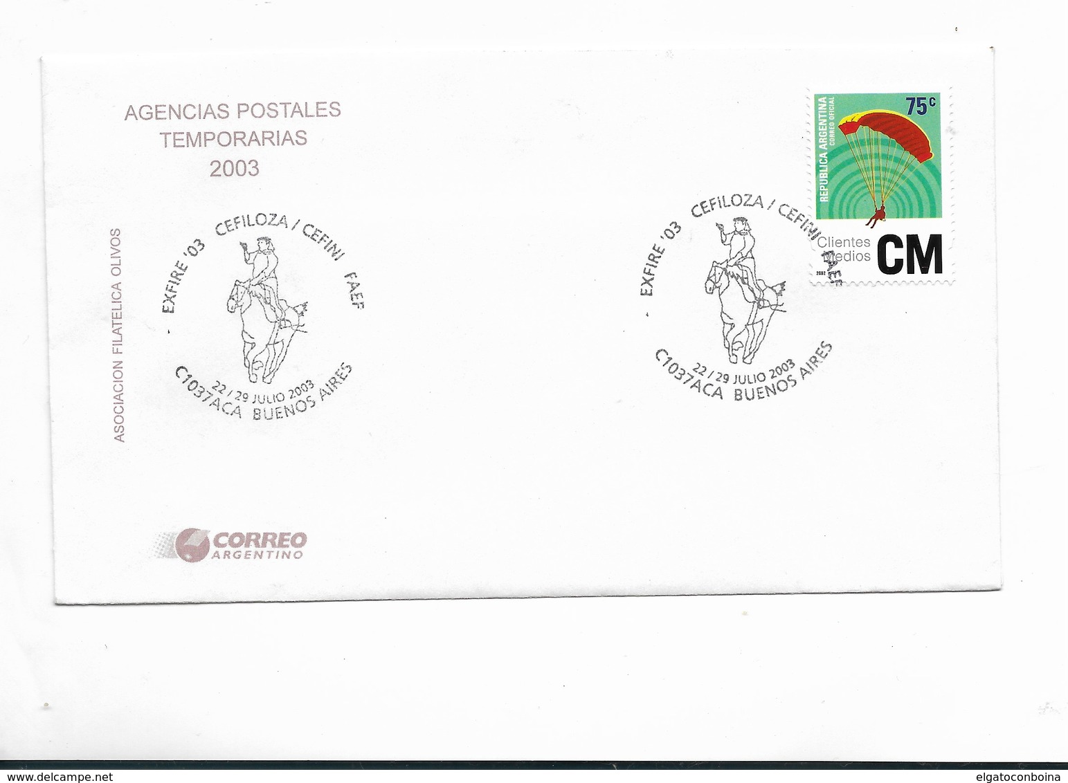 ARGENTINA 2003, EXFIRE, CEFILOZA, HORSES SPECIAL POSTMARK ON COVER - Neufs