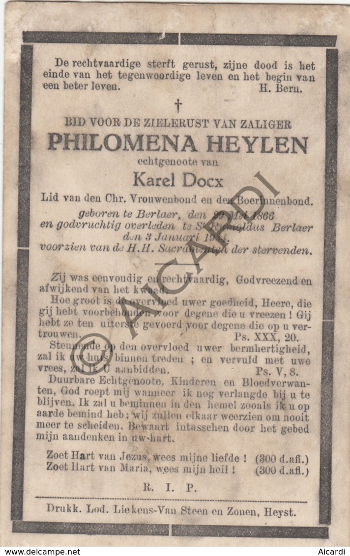 Doodsprentje Philomena Heylen °1866 Berlaar †1934 Berlaar Echtg. Karel Docx  (B220) - Obituary Notices