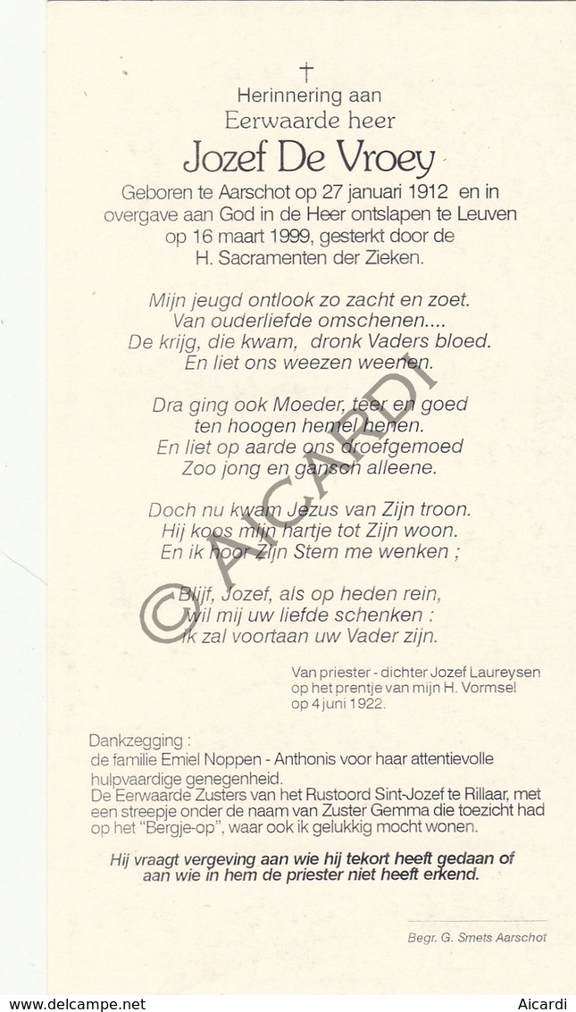 Doodsprentje Eerwaarde Heer Jozef De Vroey °1912 Aarschot †1999 Leuven  (B180) - Esquela