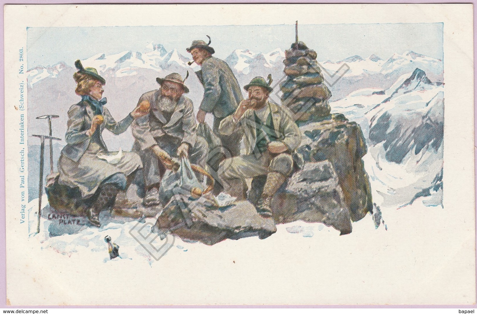 Pause Casse-Croûte De Quatre Montagnards Dans Les Alpes Suisse (Illustration Ernst Platz) (Recto-Verso) - Mon