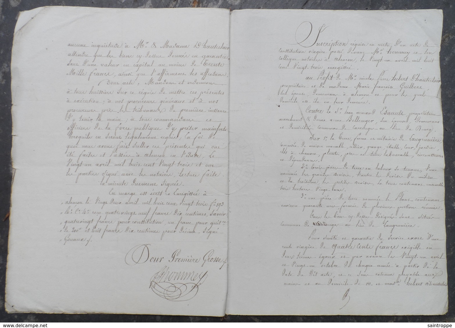 Manuscrit De 1823.Jean Esnault à Carrouges,rente Viagère Pour Nicolas Hebert D'Hauteclair à Alençon. - Manuscrits